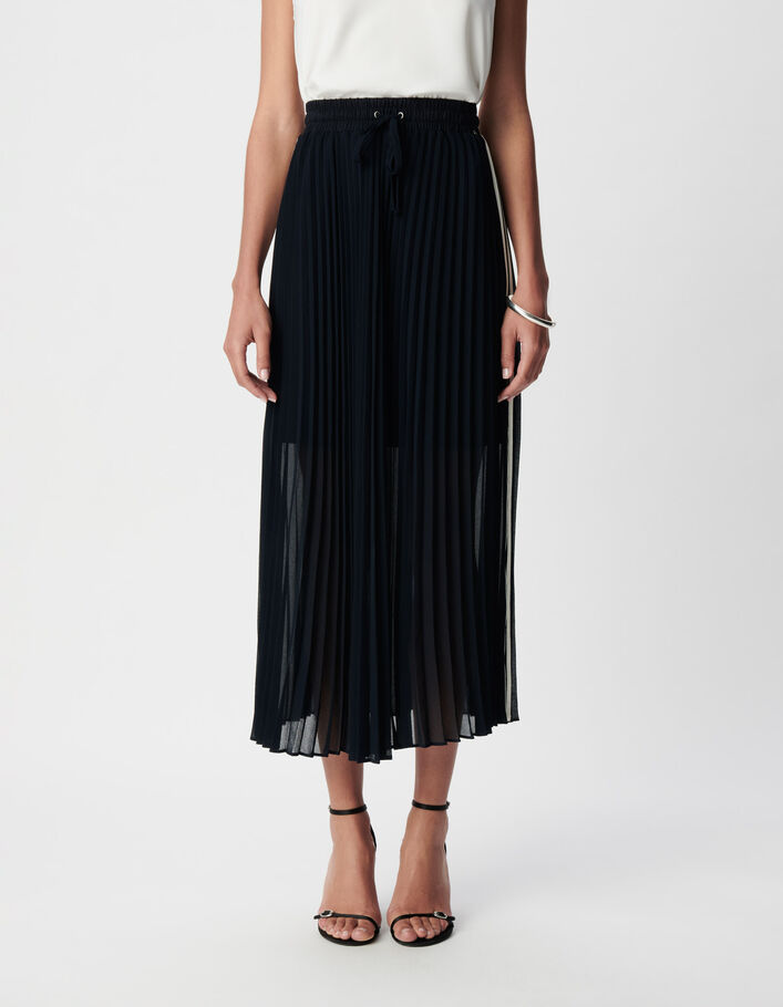 Jupe longue marine pliss&eacute;e bandes sport c&ocirc;t&eacute;s Femme