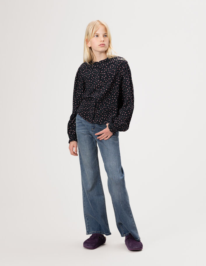 Blouse noire imprim&eacute; mini-roses fille