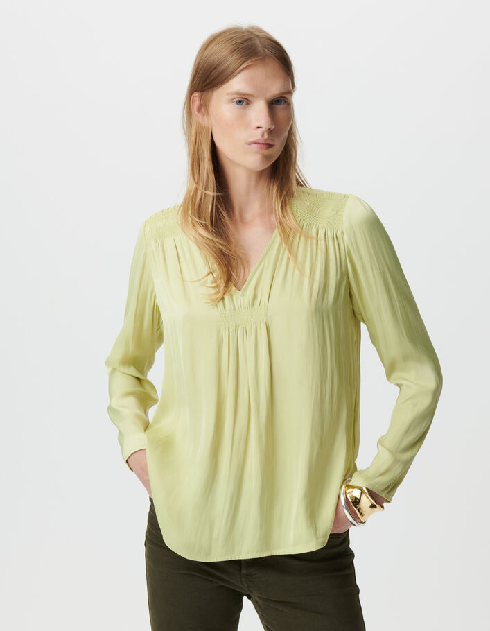 Blouse verte fluide d&eacute;tails smocks Femme