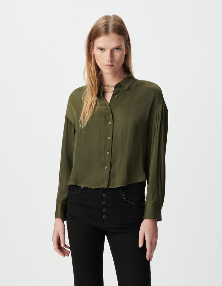Chemise manches longues kaki fluide cropped Femme