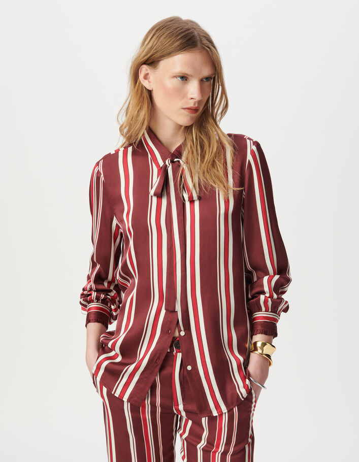 Chemise &agrave; lavalli&egrave;re bordeaux motif rayures Femme