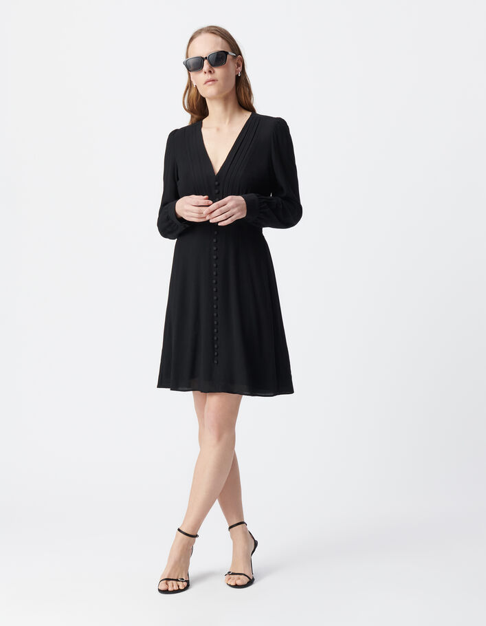 Robe noire d&eacute;tails plis et boutons Femme
