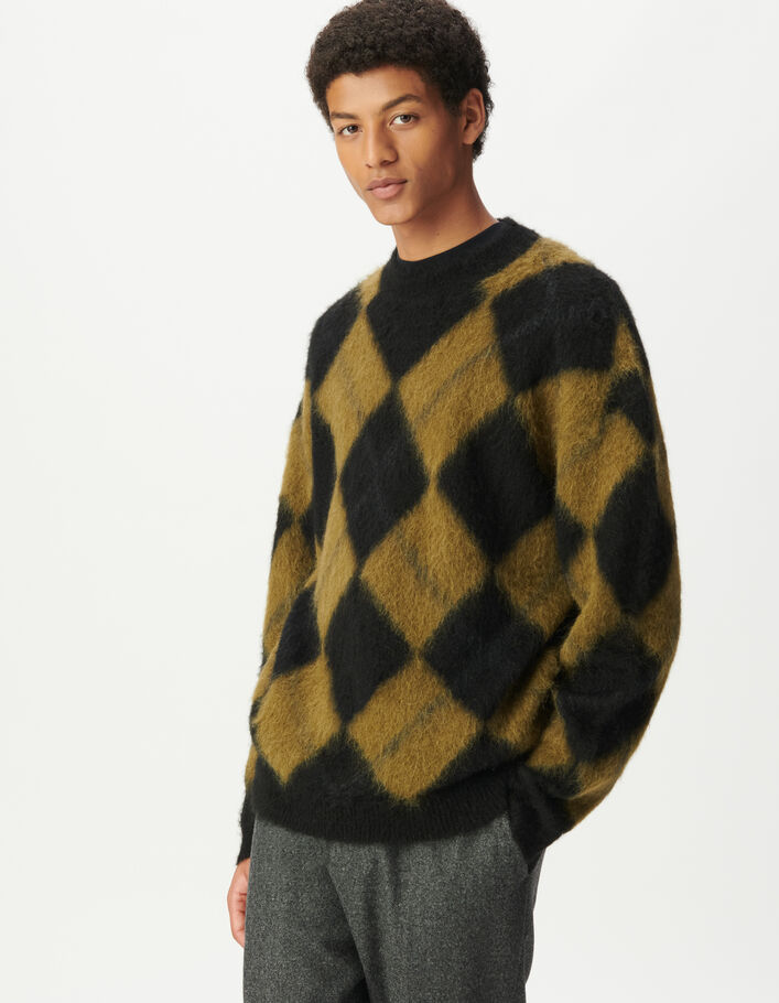 Pull kaki et noir tricot motif carreaux Homme