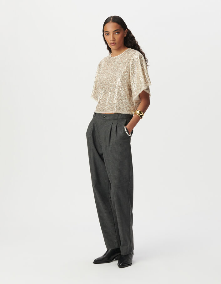 Top beige brod&eacute; sequins dor&eacute;s avec manches papillon Femme