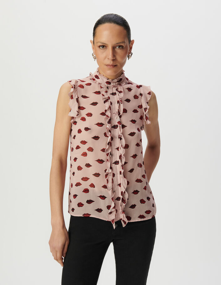 Top sans manches voile rose imprim&eacute; multico bouches Femme
