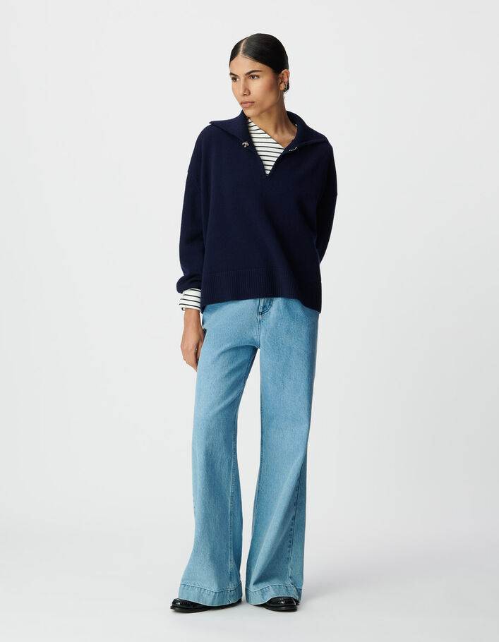 Pull jacquard tartan marine col montant Femme