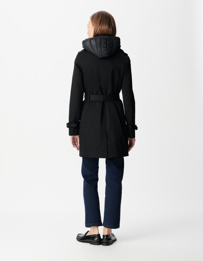 Trench noir capuche nylon amovible Femme