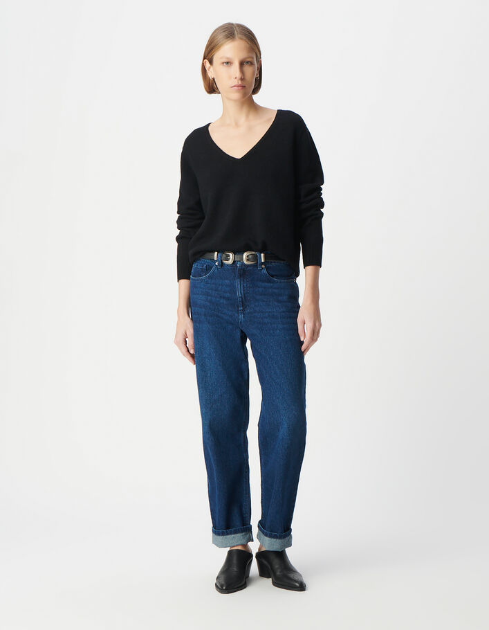 Pull noir tricot 100% laine encolure V Femme