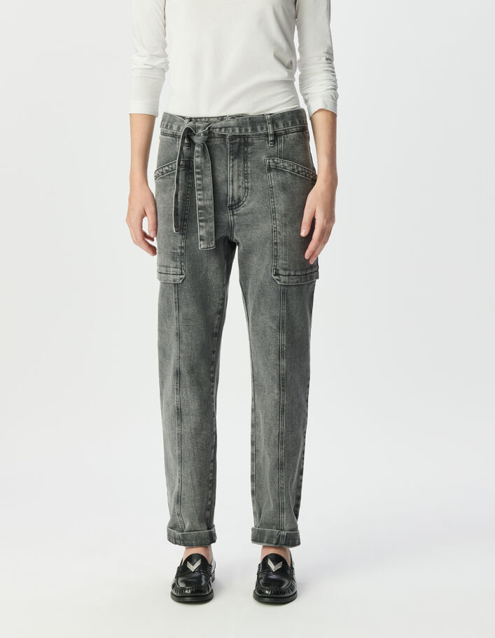 Jean battle gris ceintur&eacute; 7/8e S&eacute;l&egrave;ne Femme