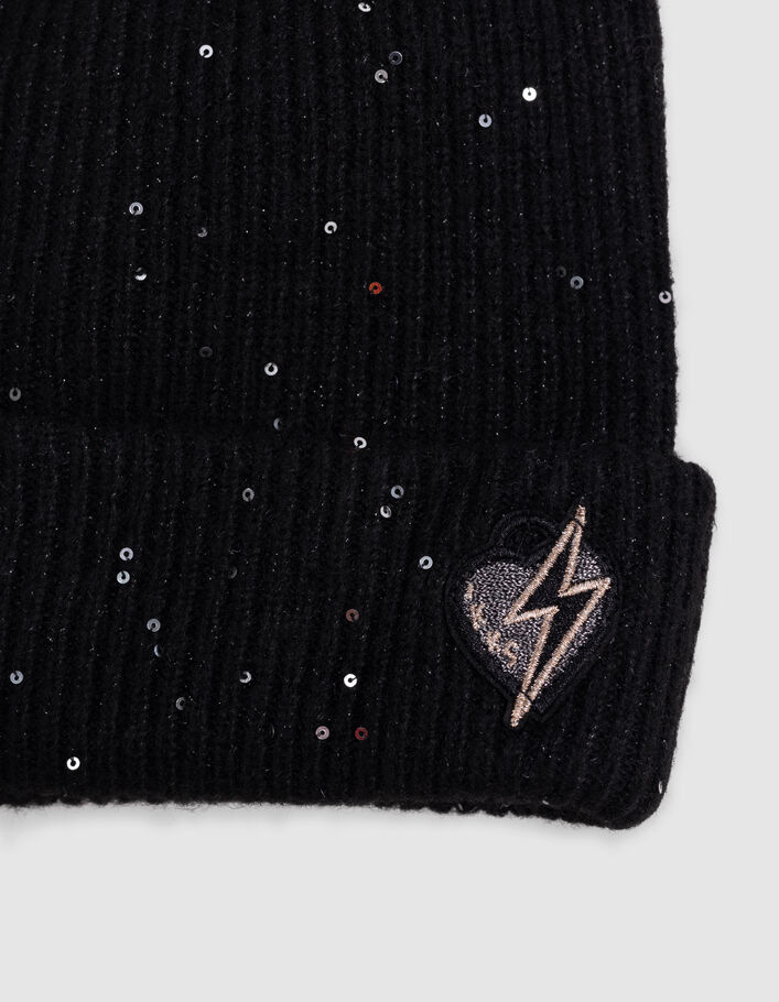 Bonnet noir tricot paillettes et sequins fille