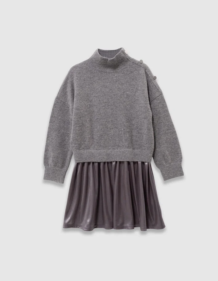 Robe grise bi-mati&egrave;re tricot et lam&eacute;e fille