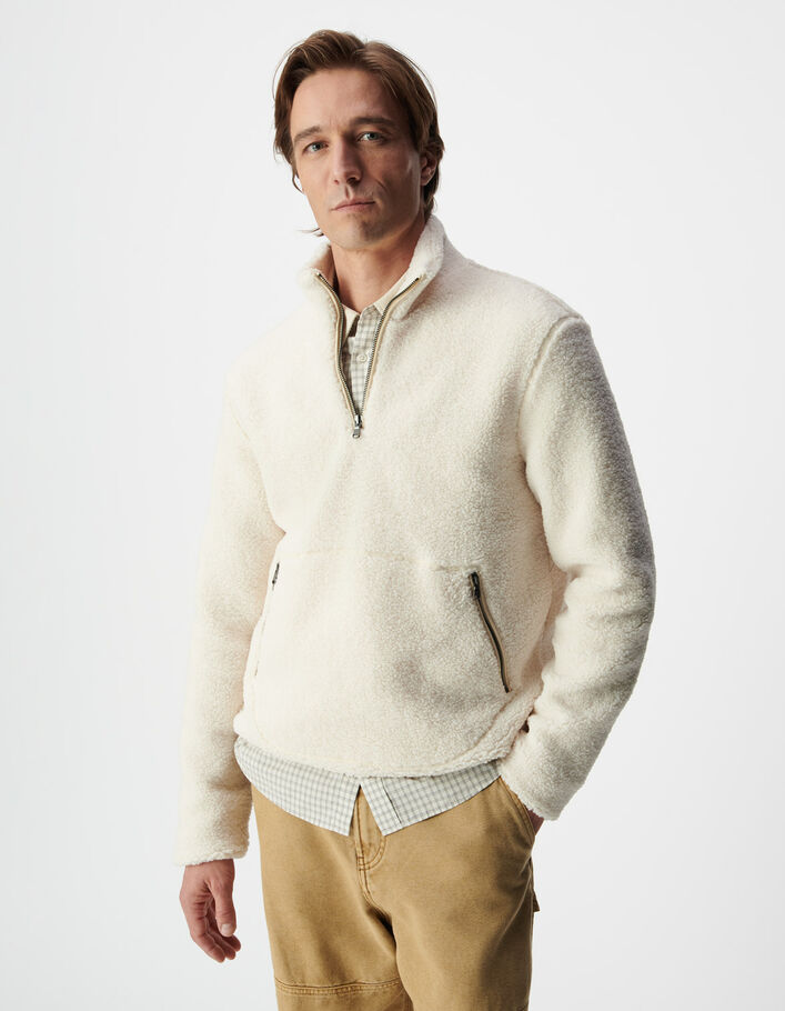 Sweat blanc sherpa col et poches zipp&eacute;es Homme