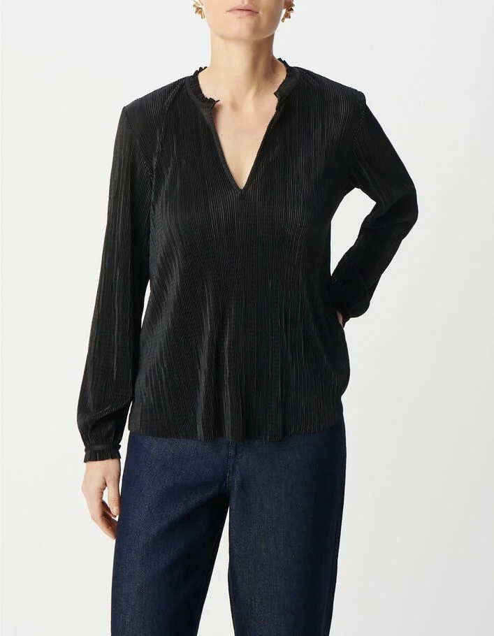 Blouse noire pliss&eacute;e col collerette Femme