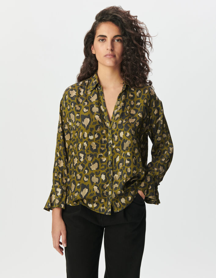 Chemise manches longues kaki imprim&eacute; tachiste l&eacute;o Femme