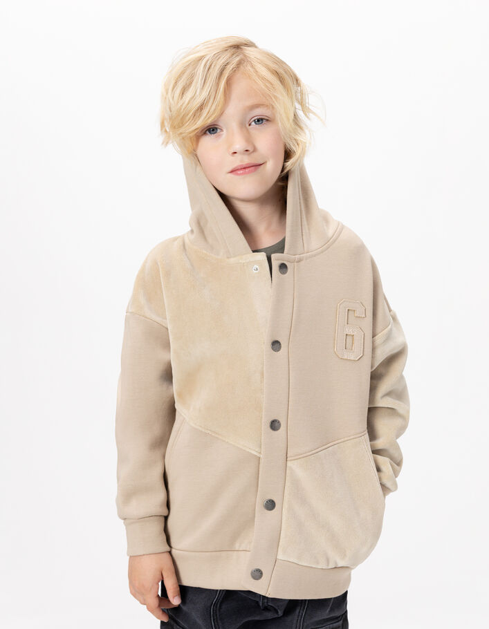 Cardigan &agrave; capuche zipp&eacute; beige bi-mati&egrave;re gar&ccedil;on