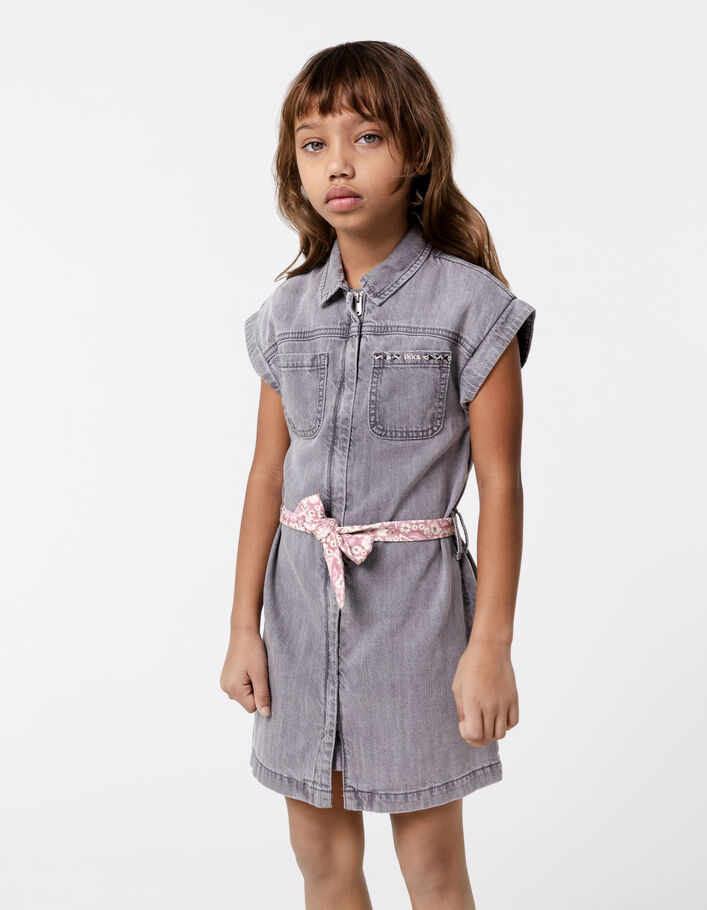 Robe en jean gris coton bio ceinture imprim&eacute;e fille