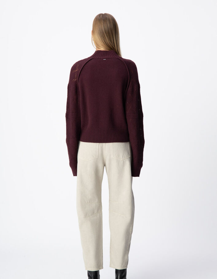 Pull bordeaux tricot manches ajour&eacute;es Femme