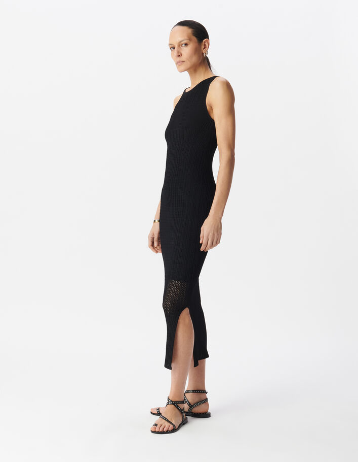 Robe tube noire maille ajour&eacute;e longueur midi Femme