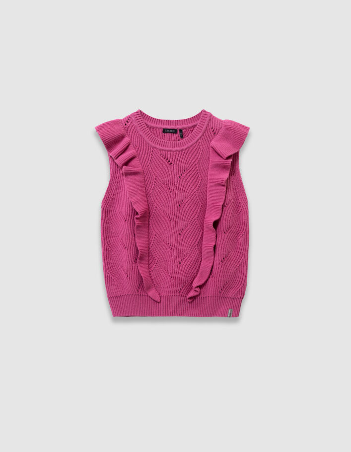 Pull sans manches rose tricot fantaisie volants fille