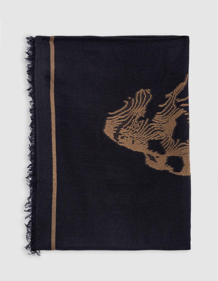 Foulard noir jacquard motif t&ecirc;tes de mort camel Femme
