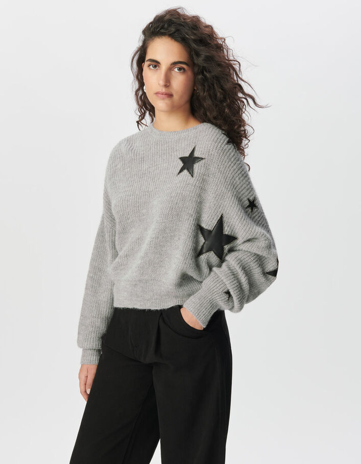 Pull gris tricot d&eacute;coupes rock &eacute;toiles et perles Femme