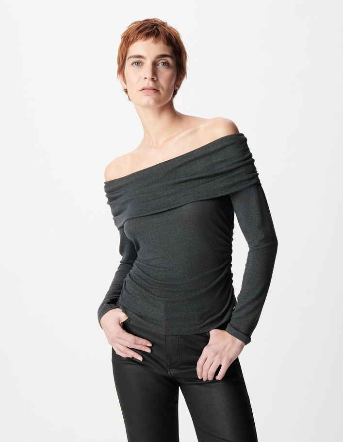 Tee-shirt col bustier gris maille paillet&eacute;e Femme