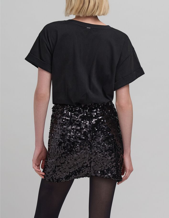 Jupe courte noire sequins brod&eacute;s Femme