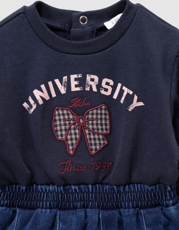 Robe marine bi-mati&egrave;re broderie noeud b&eacute;b&eacute; fille