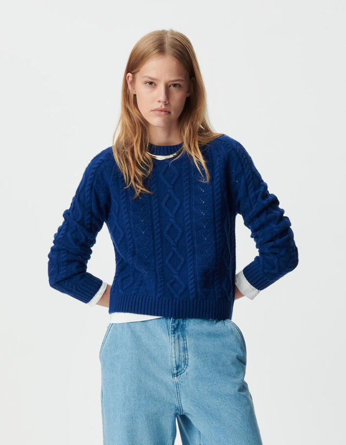 Pull court bleu tricot 100% laine points fantaisie Femme
