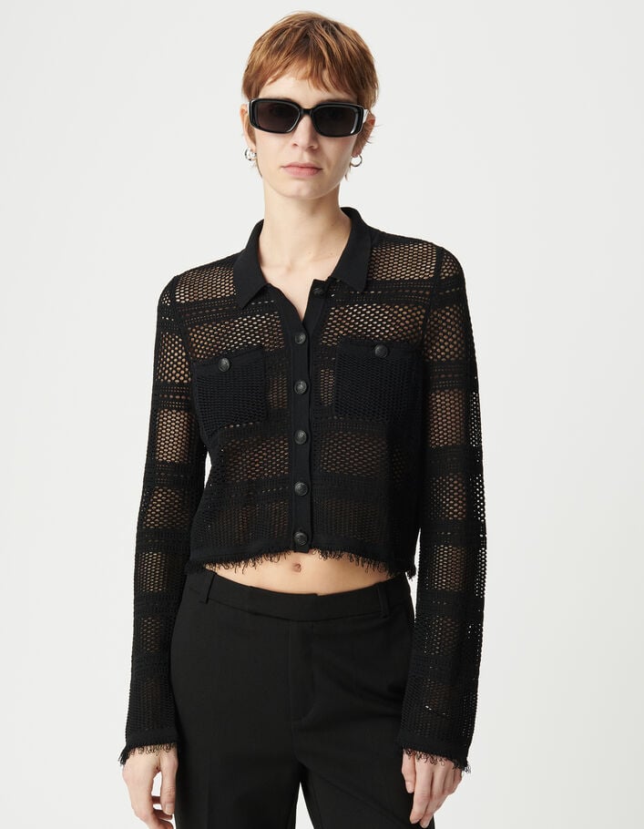Cardigan court noir tricot ajour&eacute; Femme