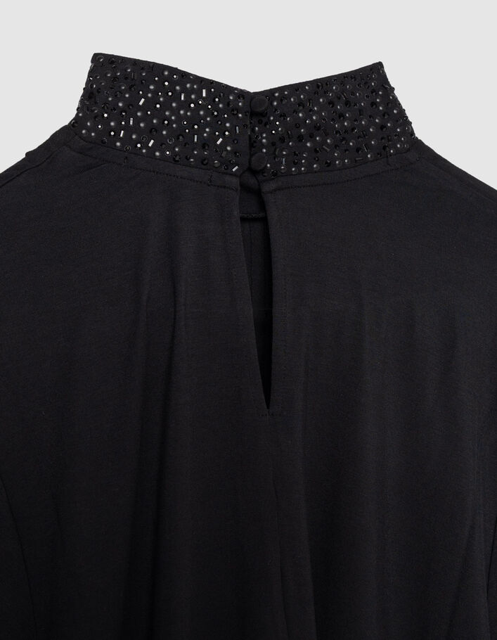 Top noir &agrave; manches longues et col montant bijou pour femme