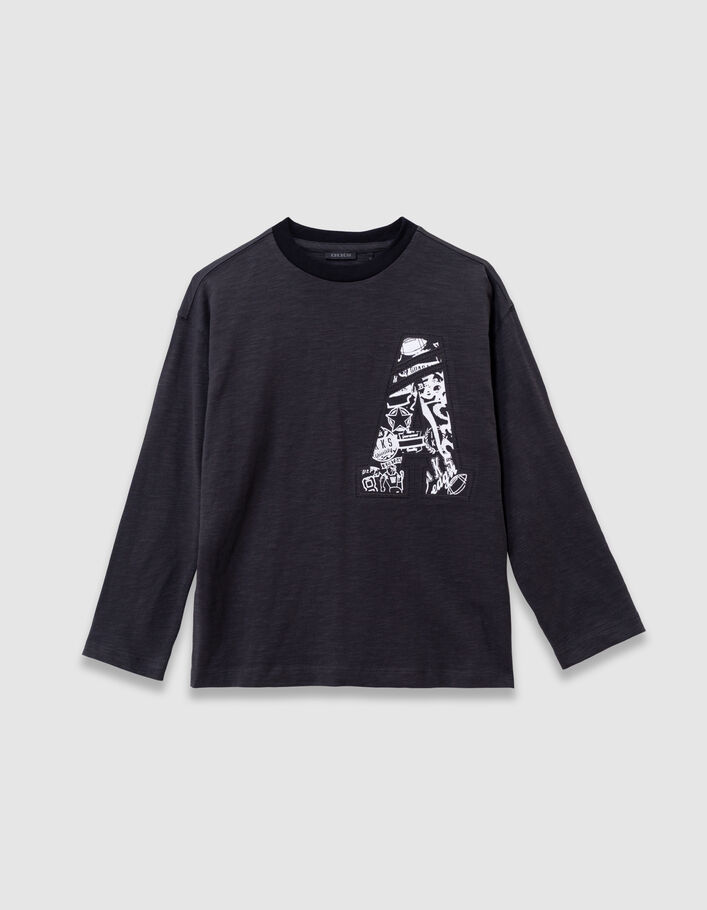 T-shirt manches longues gris chin&eacute; maxi lettres A gar&ccedil;on
