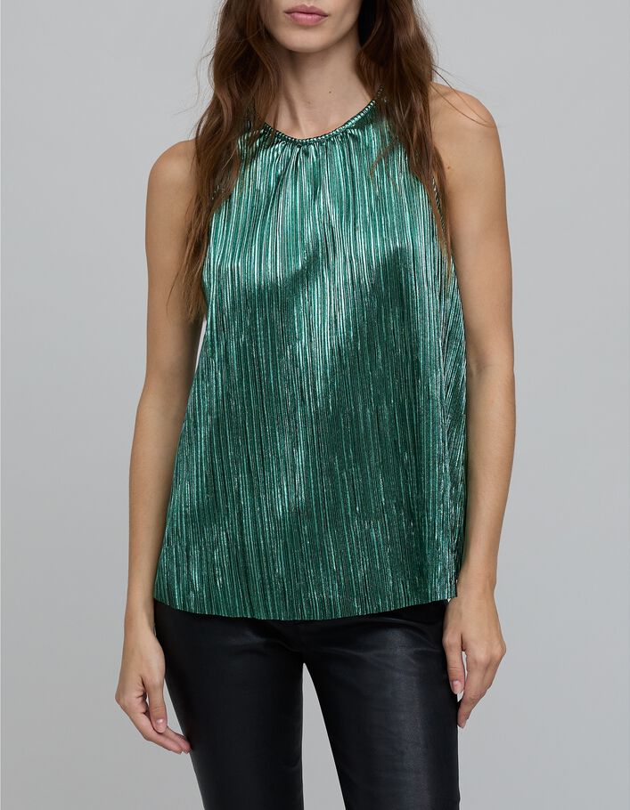 Top &eacute;meraude m&eacute;tallis&eacute; pliss&eacute; Femme