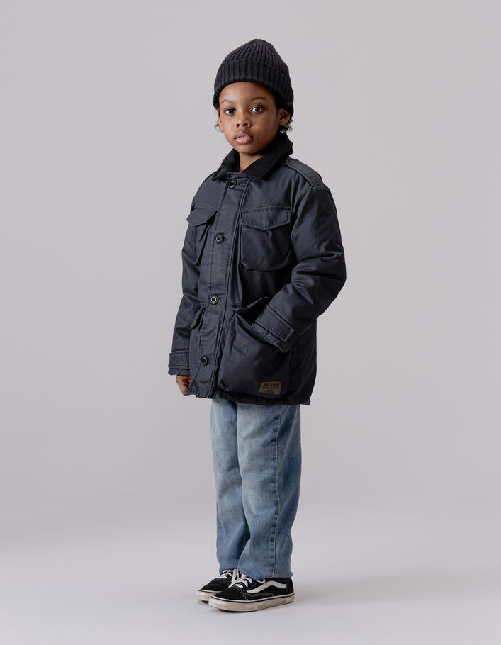 Parka noire multi poches col velours gar&ccedil;on