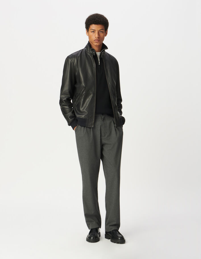 Blouson noir en cuir avec bords-c&ocirc;tes Homme