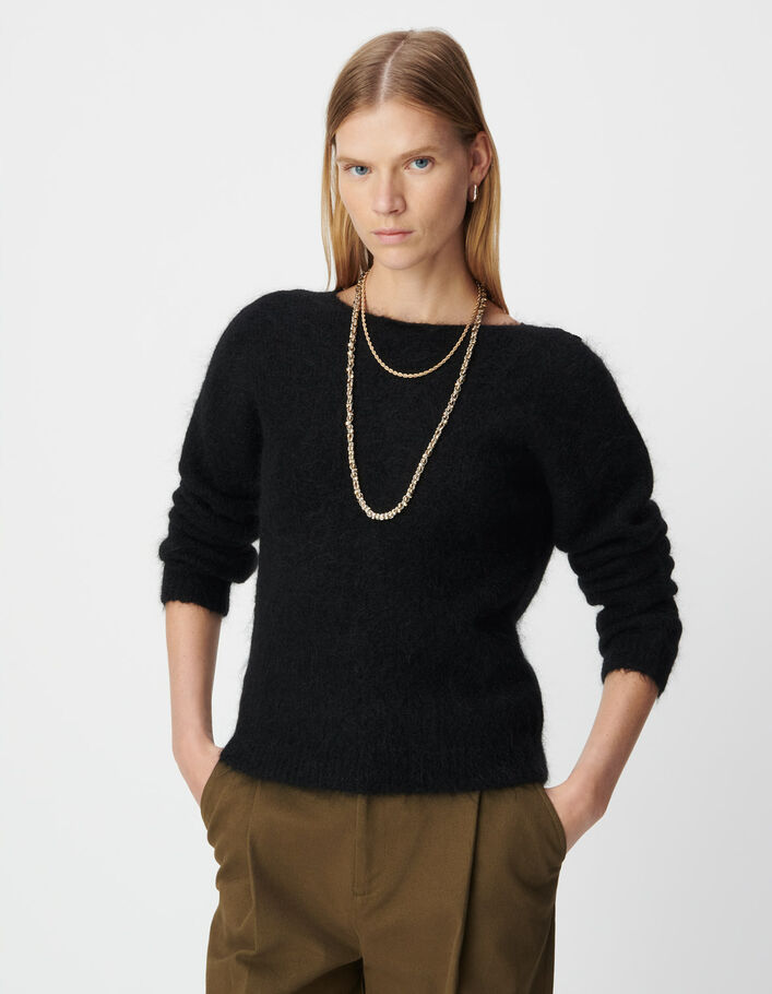 Pull noir tricot dentelle r&eacute;versible devant/dos Femme