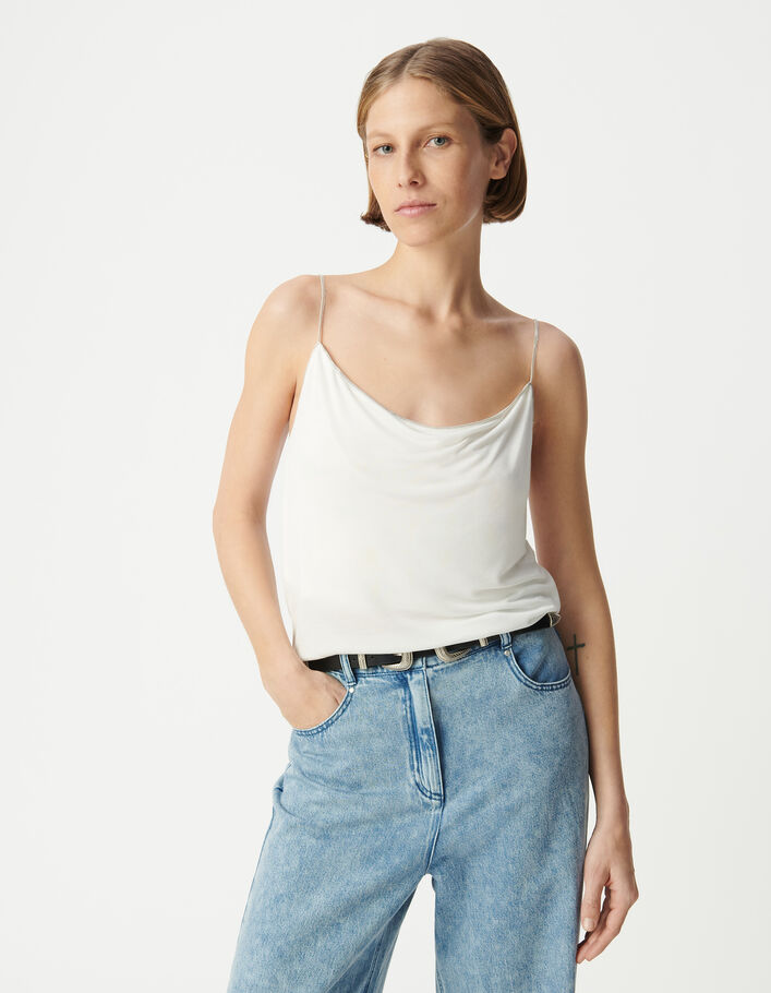 Top fines bretelles bijou blanc col b&eacute;nitier