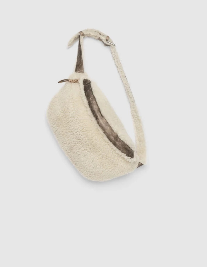 Sac banane blanc cass&eacute; mix peau lain&eacute;e et cuir Femme