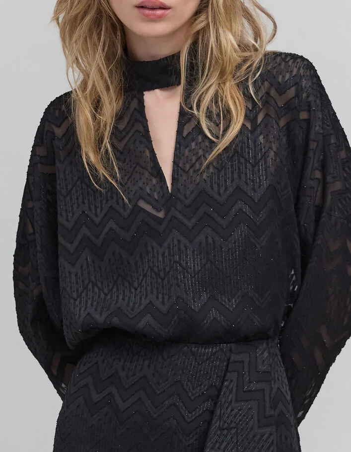 Blouse noire voile jacquard chevrons lurex Femme