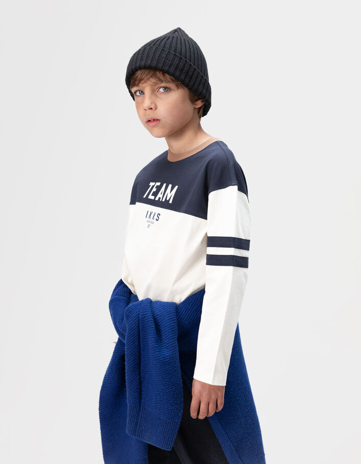 T-shirt marine et blanc coton bio col camel gar&ccedil;on