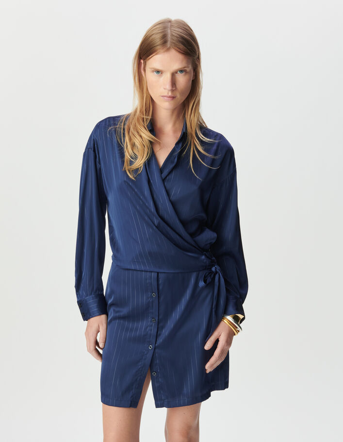 Robe chemise marine effet cache-coeur motif rayures Femme