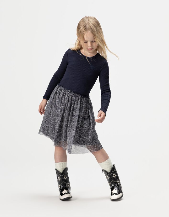 Robe bi-mati&egrave;re marine et tulle l&eacute;opard-noeud fille