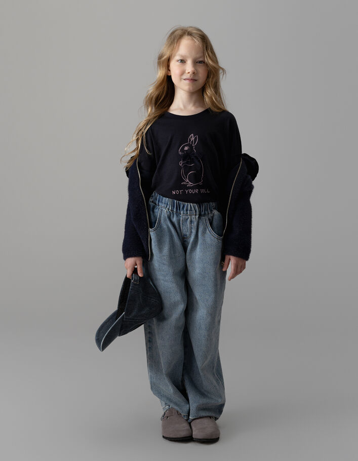 T-shirt marine coton bio lapin ruban 3D fille