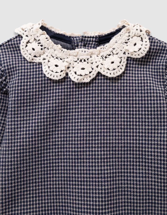 Blouse marine motif pied-de-poule col dentelle b&eacute;b&eacute; fille