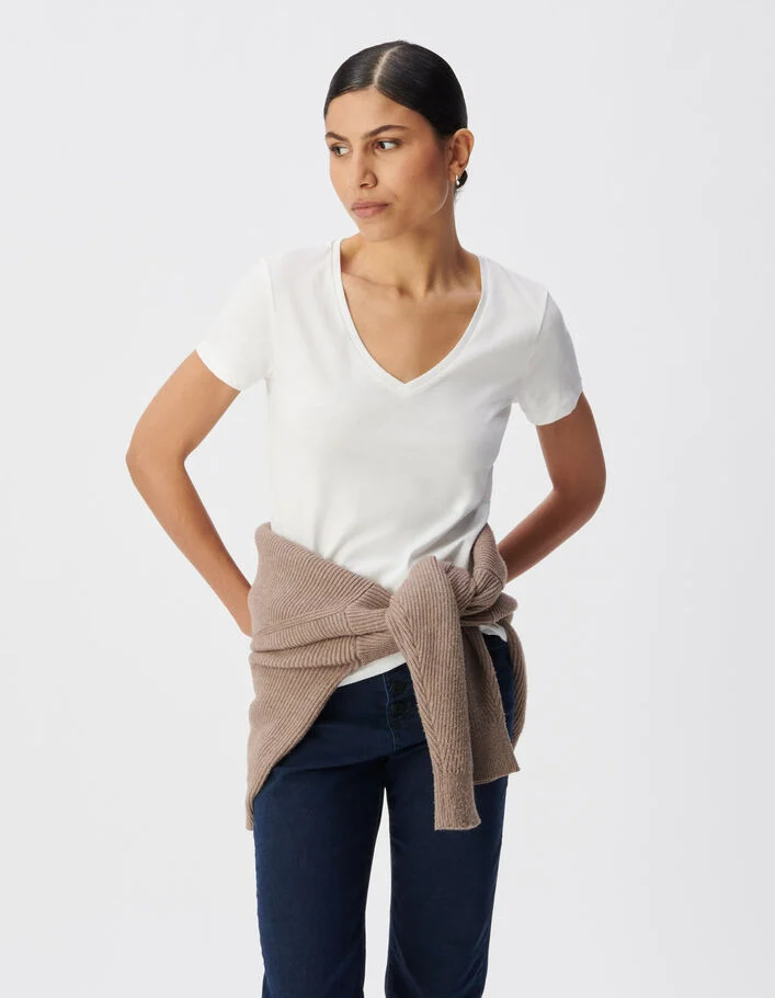 Tee-shirt encolure V blanc broderie chevrons dos Femme