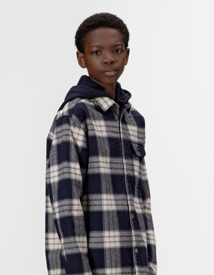 Surchemise marine carreaux capuche amovible gar&ccedil;on