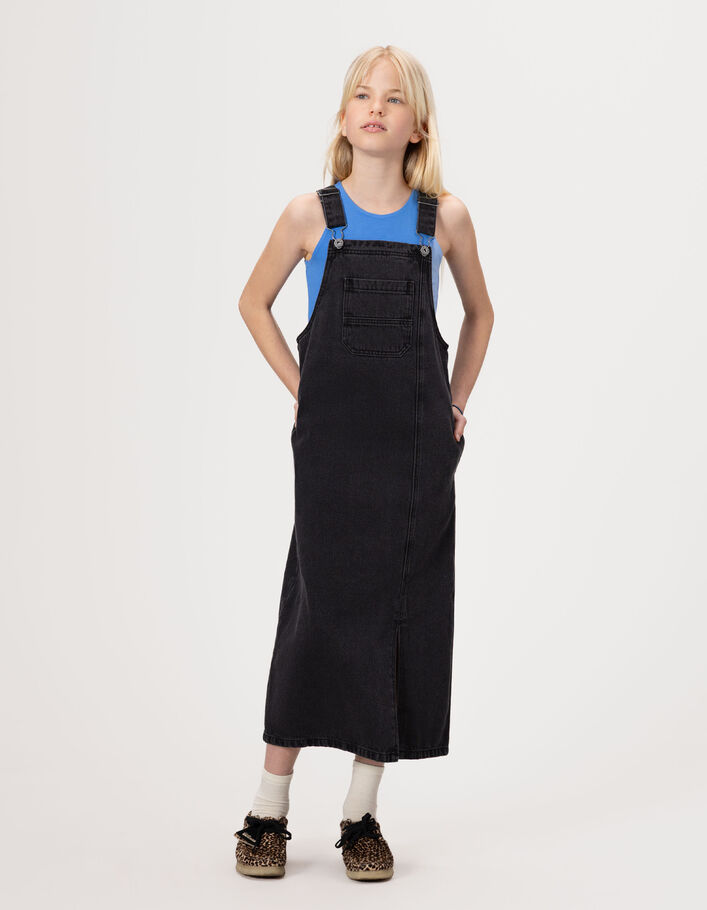 Robe-salopette midi en jean gris fendue fille