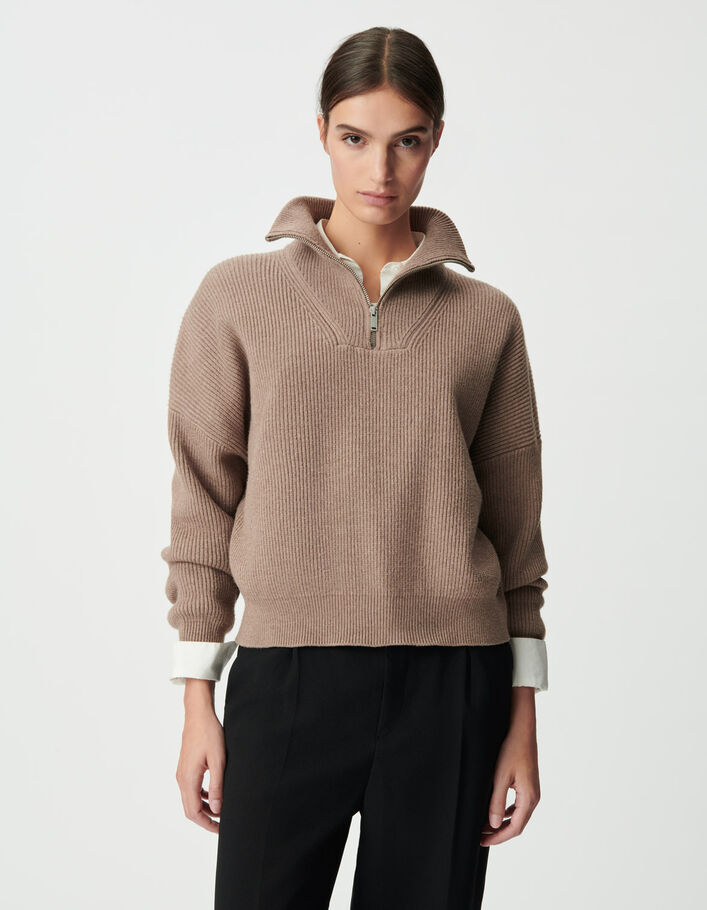 Pull camionneur beige tricot c&ocirc;tel&eacute; Femme