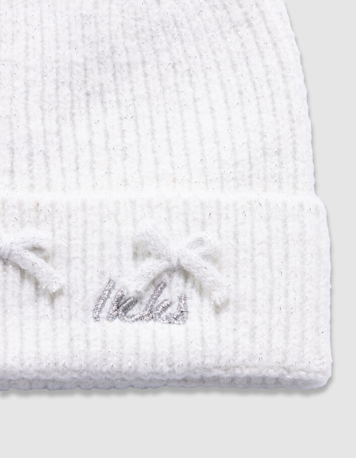 Bonnet blanc tricot paillet&eacute; et noeud fille
