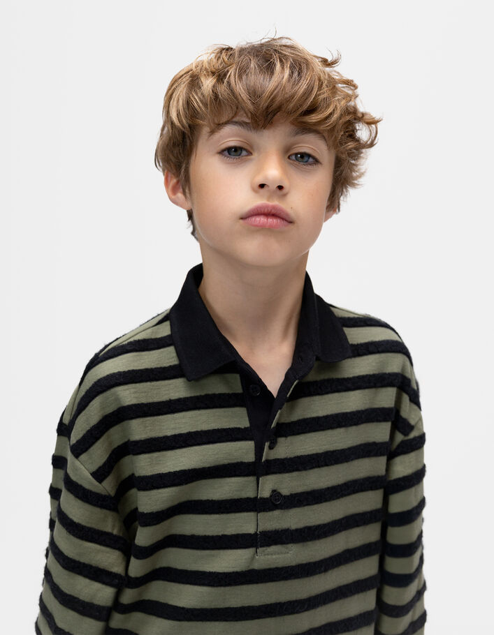 Polo manches longues kaki rayures velours noires gar&ccedil;on